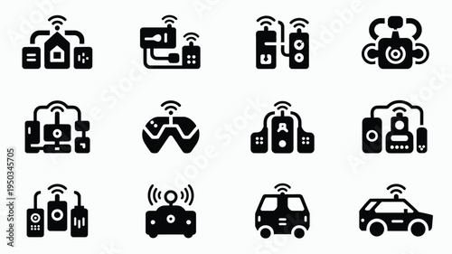 Collection of 12 sleek technology and transportation icons with wi fi signals for business and innovation concepts