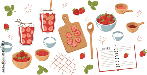 Strawberry Harvest Scene with Wooden Crates, Baskets, Fresh Berries, Garden Tools and Green Leaves for Summer Farming and Organic Agriculture Illustration