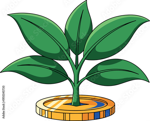 A cartoon plant growing on a coin on transparent background
