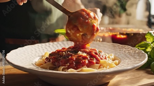 Serving freshly cooked pasta with steaming tomato sauce in a kitchen setting