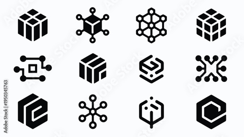 Minimalist technology icons set for business and design featuring geometric shapes and network connections on a clean white background