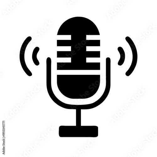 A minimalist vector graphic of a microphone with sound waves on a white background