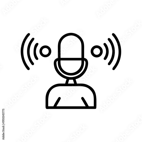 A minimalist vector graphic of a person speaking into a microphone with sound waves emanating from it