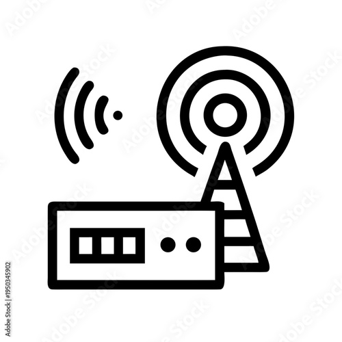 A black and white vector graphic illustration of a radio broadcasting tower and cassette tape