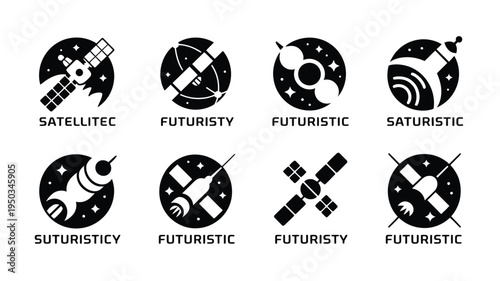 Futuristic technology logos with satellite and space symbols black icons on white background for business and innovation concepts