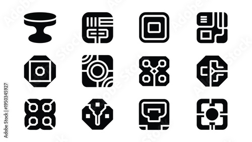 Collection of 12 sleek technology logos and icons on white background for digital design