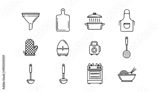 Thin line cooking utensil icon collection with apron egg timer skimmer spoon gas oven and pasta vector