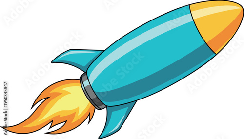 A cartoon rocket ship blasting off into space on transparent background