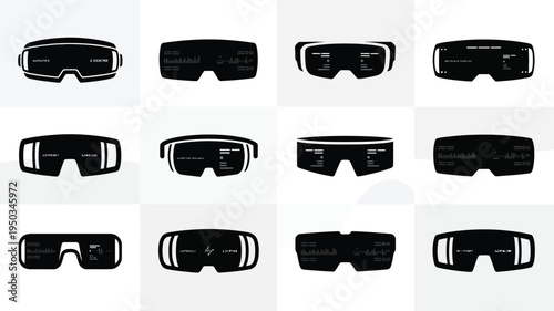 Collection of twelve sleek futuristic virtual reality goggles in black and white
