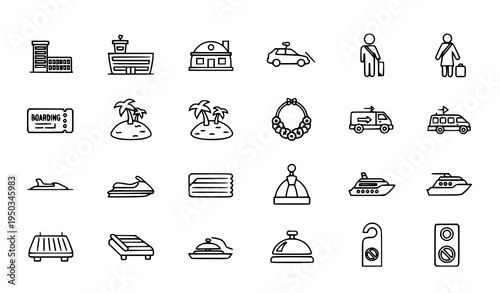 Thin line travel and tourism icon set with airport cruise yacht jet ski island and hotel vector collection