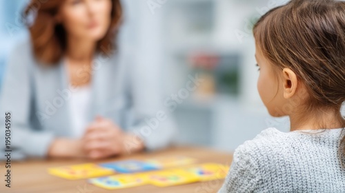 Little girl child visiting psychologist during psychological assessment, playing with cards. Counseling, therapy, and development