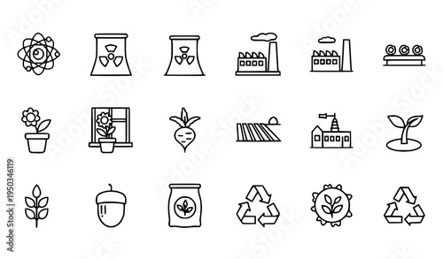 Thin line science and ecology icon set with atom nuclear factory field sprouting and flower vector collection