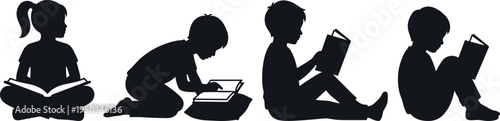 Set of children silhouettes reading books while sitting on floor for education, learning, school library, childhood literacy, and student study concepts
