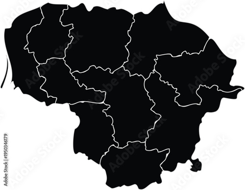 Simple black and white vector graphic illustration of the political map divisions outlining Lithuania's administrative regions.