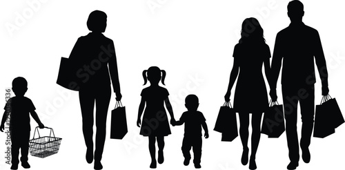 Happy family shopping silhouette set, parents and children carrying bags, people walking with shopping baskets, retail sale and consumerism concept.