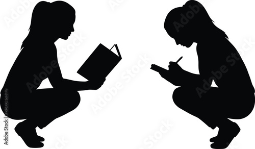 Girl reading and writing silhouette set, young woman squatting with book and pen, student studying, education and creative storytelling concept.