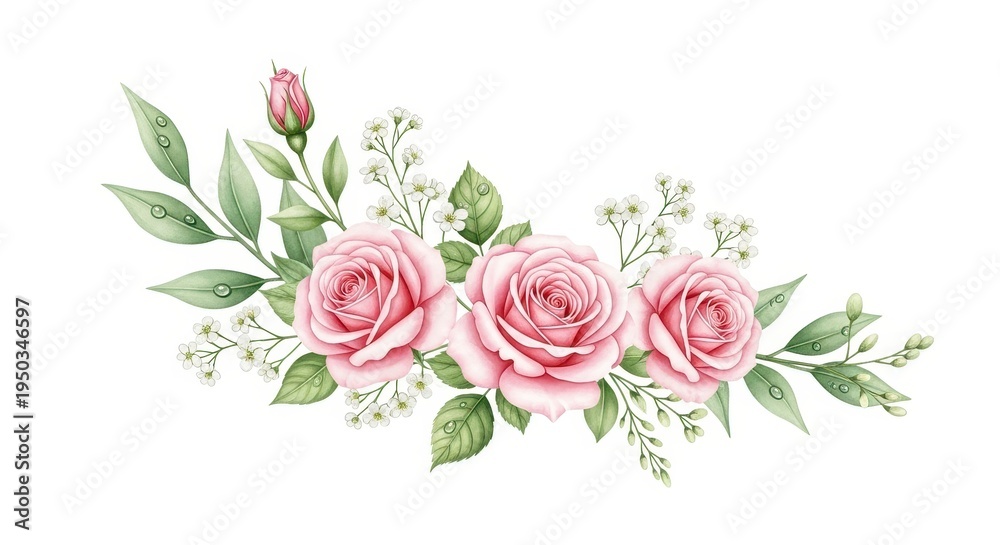Fototapeta premium Elegant watercolor illustration of three delicate pink roses with greenery on a white background