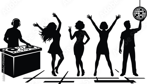People dancing at night club party silhouette with DJ playing music, disco ball, happy group having fun on dance floor.