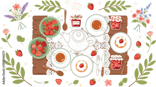 Strawberry Tea Breakfast Set with Teapot, Jam Jars, Desserts and Fresh Berries for Romantic Picnic, Brunch Table and Summer Food Illustration
