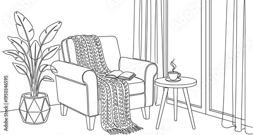 Cozy living room interior line art illustration with armchair, knitted blanket, open book, coffee cup on table, and potted plant.