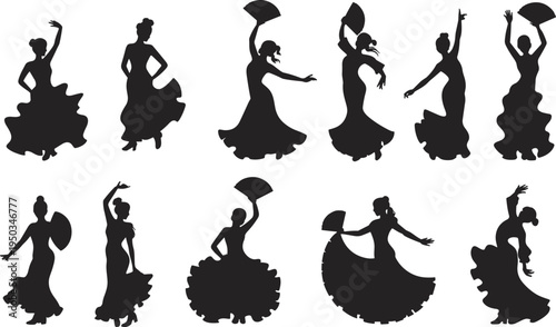 Flamenco dancer silhouettes, traditional Spanish dance poses, elegant women in flowing dresses, cultural performance art, expressive motion, fan dance illustration, vector design