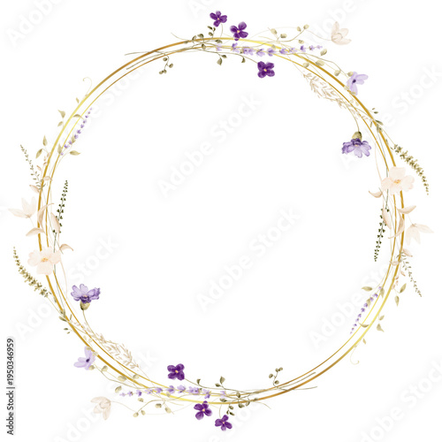 Watercolor flower gold circle frame for wedding, birthday, card, background, invitation, wallpaper, sticker, decoration etc.on etc.
