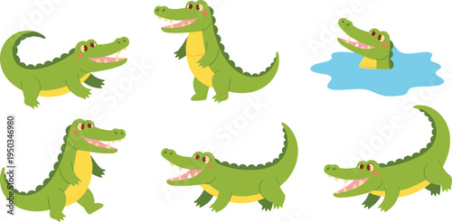 Cartoon crocodile vector illustration, playful reptile characters, green crocodiles with red eyes, animal wildlife artwork, children’s educational design, funny crocodile poses collection