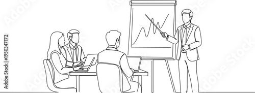 Continuous one line drawing of businessman presenting financial growth chart on flip board to team in office meeting, professional vector.