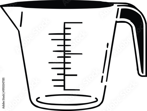 described features a black and white line drawing of a measuring cup, characterized by its clear design and functional elements.