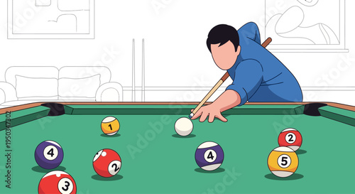 Man playing billiards, aiming for a shot on a pool table with colorful balls.