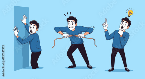 Mime Artist Acting Out Ideas: Wall, Rope, and Lightbulb Moment