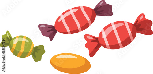 Bright colorful cartoon candies vector illustration, striped and smooth sweets with twisted ends, festive confectionery artwork for children’s themes, celebration design, food packaging