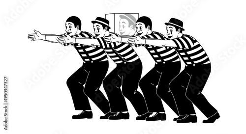 Mime artists in striped shirts and hats pushing an invisible wall in unison