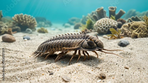 detailed reconstruction of a trilobite walking on sandy ocean floor among corals in prehistoric marine environment