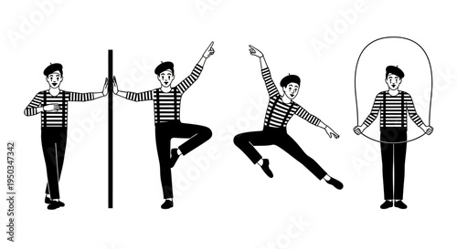 Mime artist performing various activities: ballet, jump rope, and leaning on a pole.