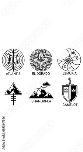 Mythical Places Symbols: Atlantis, El Dorado, Lemuria, Shangri-La, Camelot