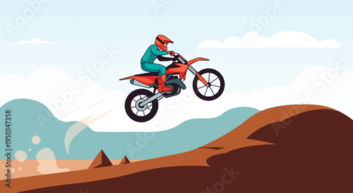 Motocross Rider Jumps Dirt Bike Over Sand Dune in Desert Landscape