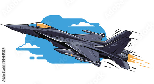 Pixel Art Fighter Jet Flying Fast with Exhaust Flames and Clouds