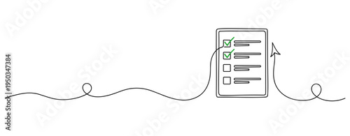 Checklist tablet shown with continuous line and cursor on white background. no editable strokes