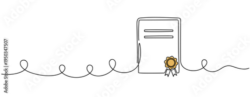 Document with ribbon seal resting on continuous line backdrop. no editable strokes