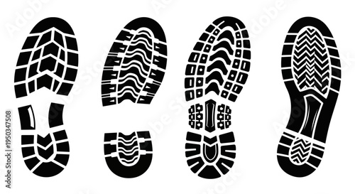 Set of Four Different Black Boot Tread Sole Imprints on White Background