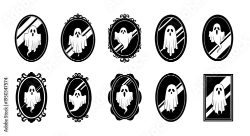 Spooky Ghost Reflections in Ornate Mirrors - Halloween Vector Icons Set