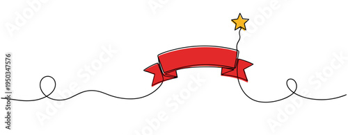 Red ribbon banner with star balloon on continuous line. no editable strokes