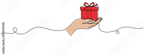 Hand offering wrapped gift box on continuous line background. no editable strokes