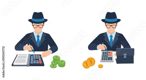 Accountant in Fedora calculating finances with calculator, coins, and documents