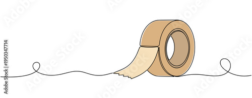 Roll of adhesive tape partially unrolled on white continuous line background. no editable strokes