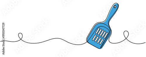 Blue spatula lying along continuous line on white background. no editable strokes