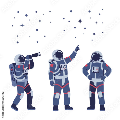 Astronauts exploring the cosmos, observing stars with telescope and pointing.