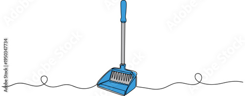 Blue dustpan and brush upright on continuous line white background. no editable strokes