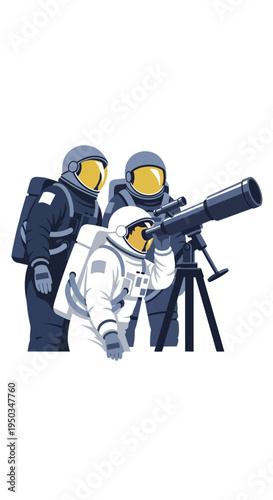Astronauts observe the cosmos with a telescope, exploring space and the universe.
